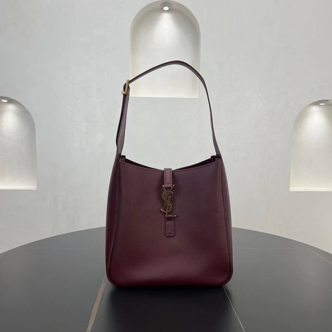 Saint Laurent LE 5 A 7 Small Soft Grained Calfskin Shoulder Bag Handbag Wine Red 713938